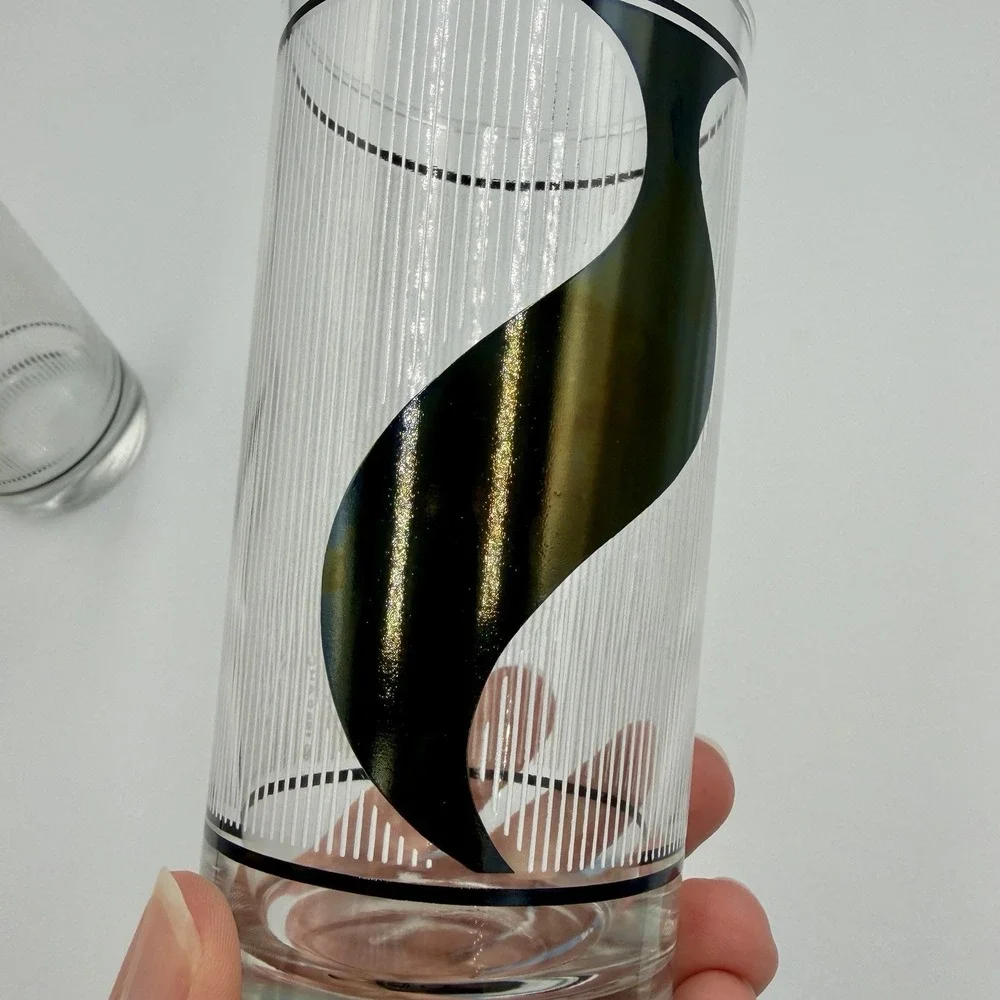 Set Of 2 Vtg 1989 Anchor Hocking Glasses Black White Retro Highball Bar Abstract